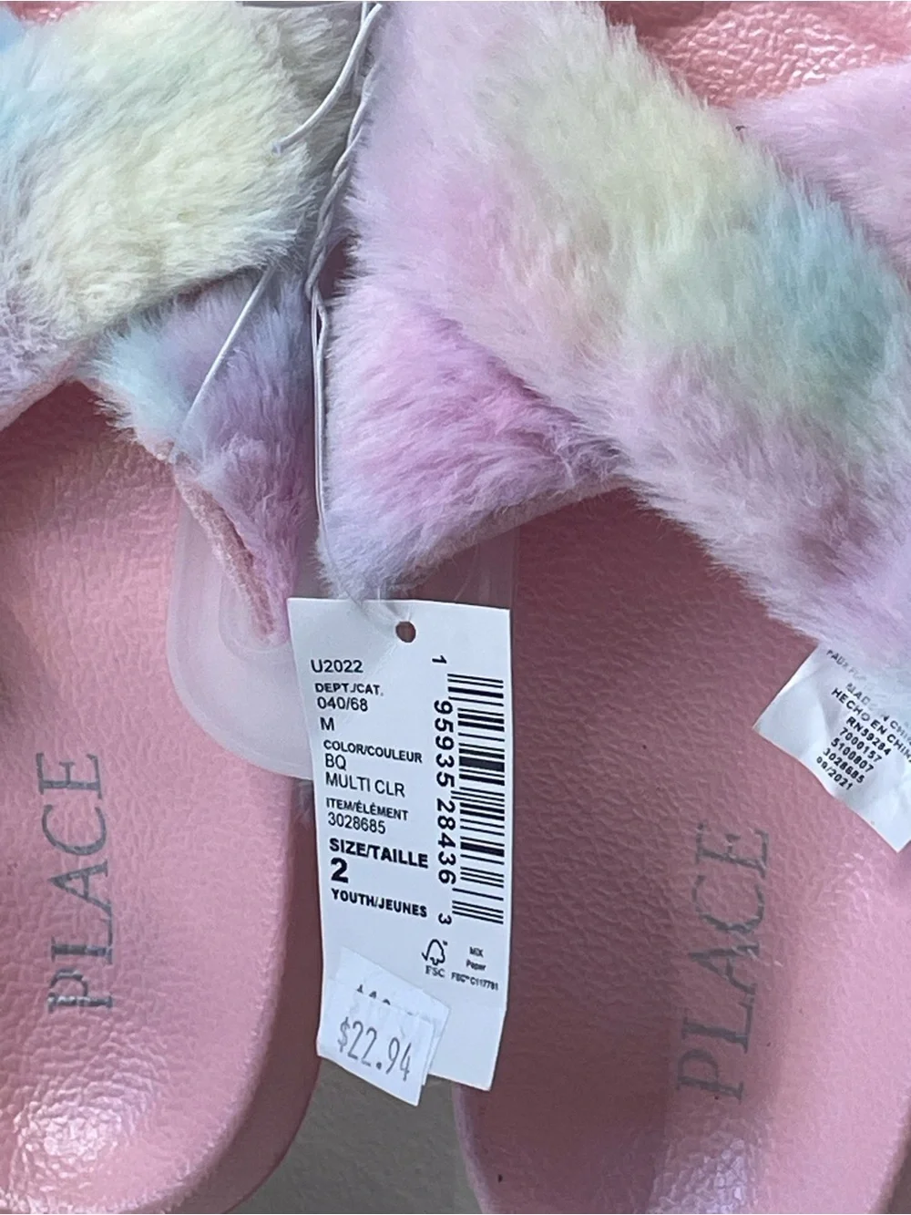 Place Pink Slide Sandals with Pastel Rainbow Faux-Fur Straps@
